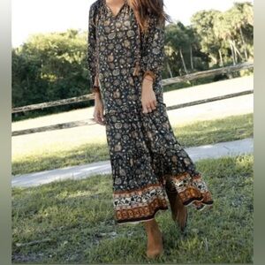 Natural LIfe Lula Tiered Ruffled Cottage Prairie Core Black Floral Maxi Dress